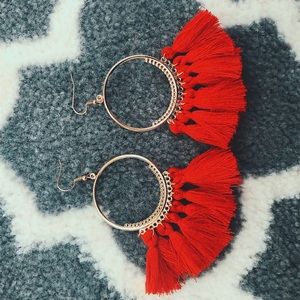 Red fringe drop earrings